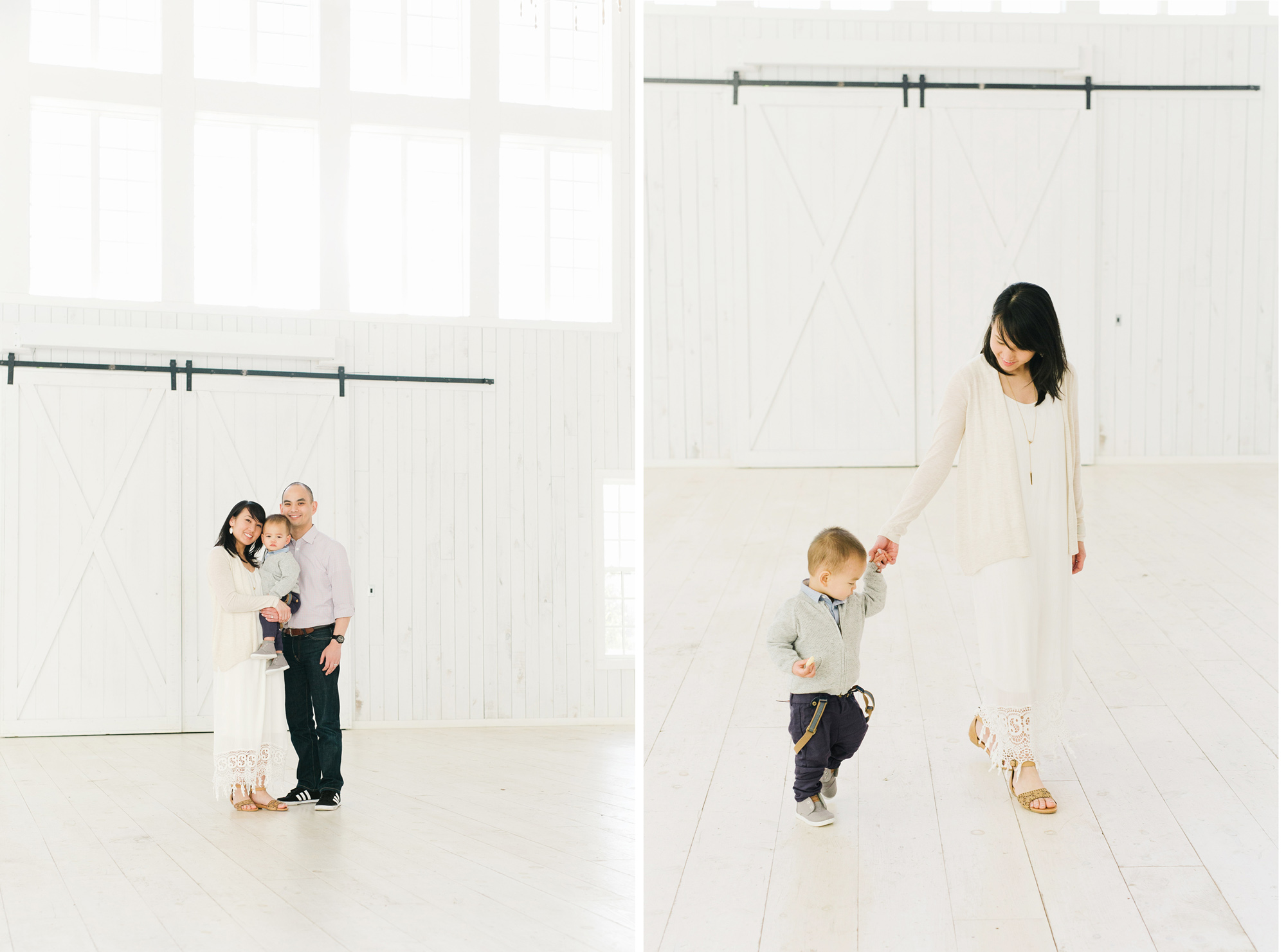 A sweet family of three strolling in the White Sparrow Barn in DFW. 